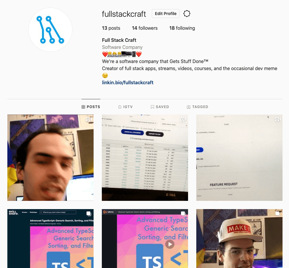 Full Stack Craft's Instagram account.