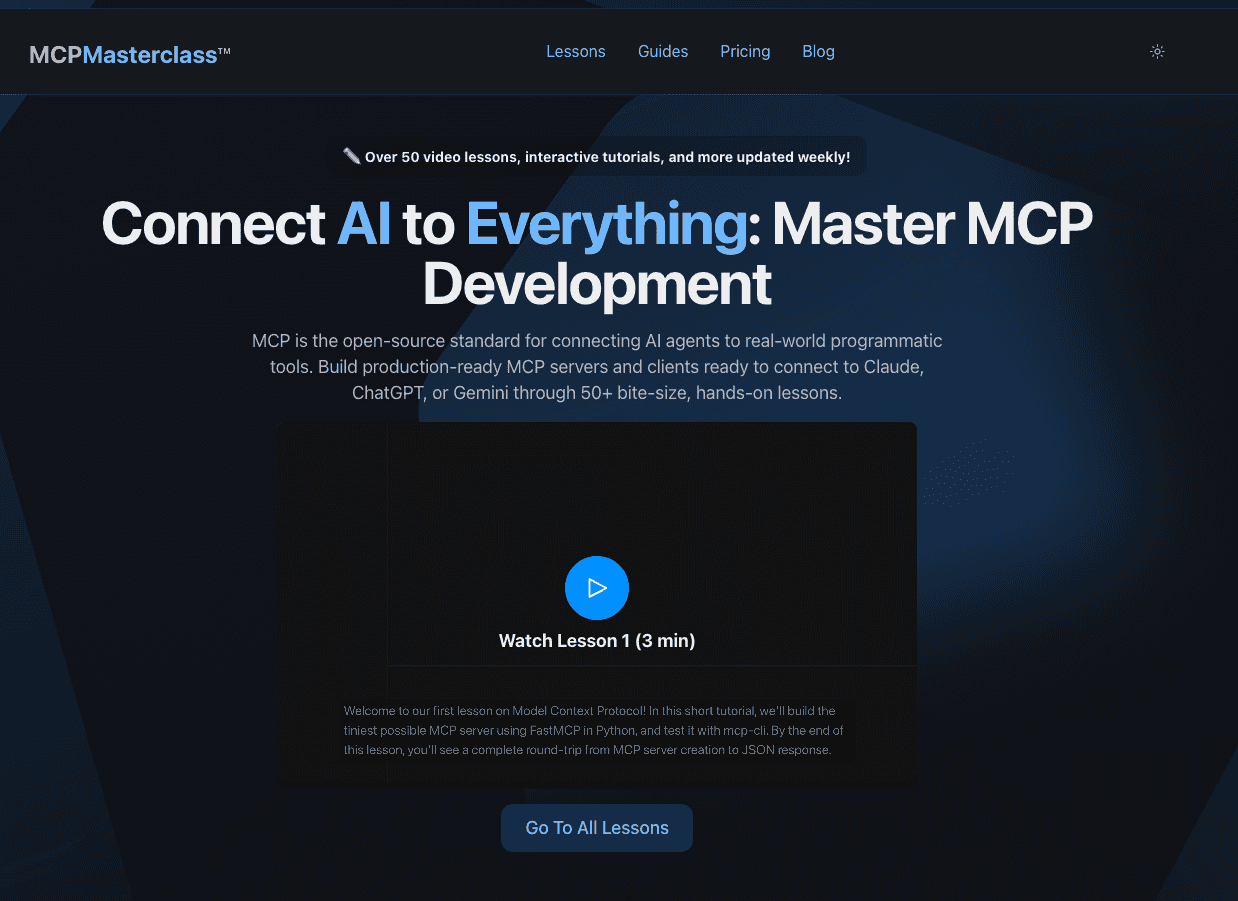 MCP is the open-source standard for connecting AI agents to real-world programmatic tools. Build production-ready MCP servers and clients ready to connect to Claude, ChatGPT, or Gemini through 50+ bite-size, hands-on lessons.